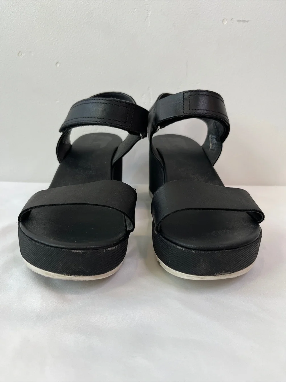 Sorel Cameron Leather Platform Wedge Sandals Black Ankle Strap Womens Size 8